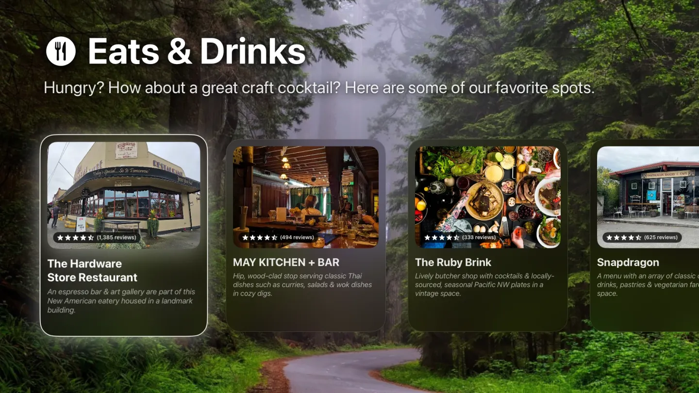 The Eats and Drinks page of an Innkeeper guide on Apple TV: cards for local restaurants, each with a photo, a star rating with review count, and a short description.