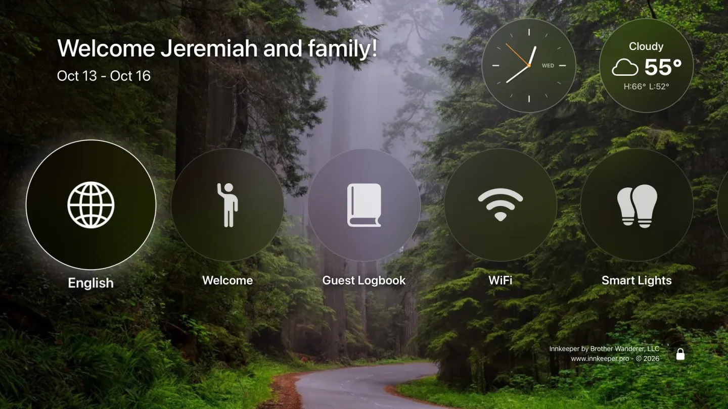 The Innkeeper home screen on Apple TV over a misty redwood forest: a welcome for the guests with their stay dates, a clock and the weather, and tiles for language, welcome message, guest logbook, WiFi and smart lights.